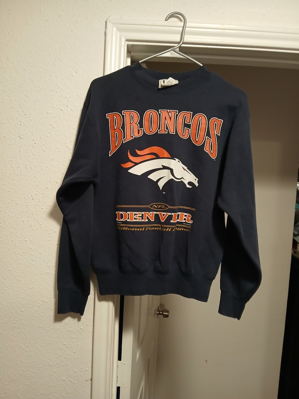 Lee Sport Navy Broncos Crewneck Sweatshirt with Orange and White Logo